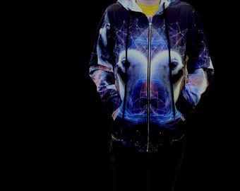 May include: A zip-up hoodie featuring a vibrant, abstract graphic print with deep blue, purple, and white cosmic patterns. The design includes symmetrical, glowing circular shapes and intricate geometric lines across the front, sleeves, and hood.