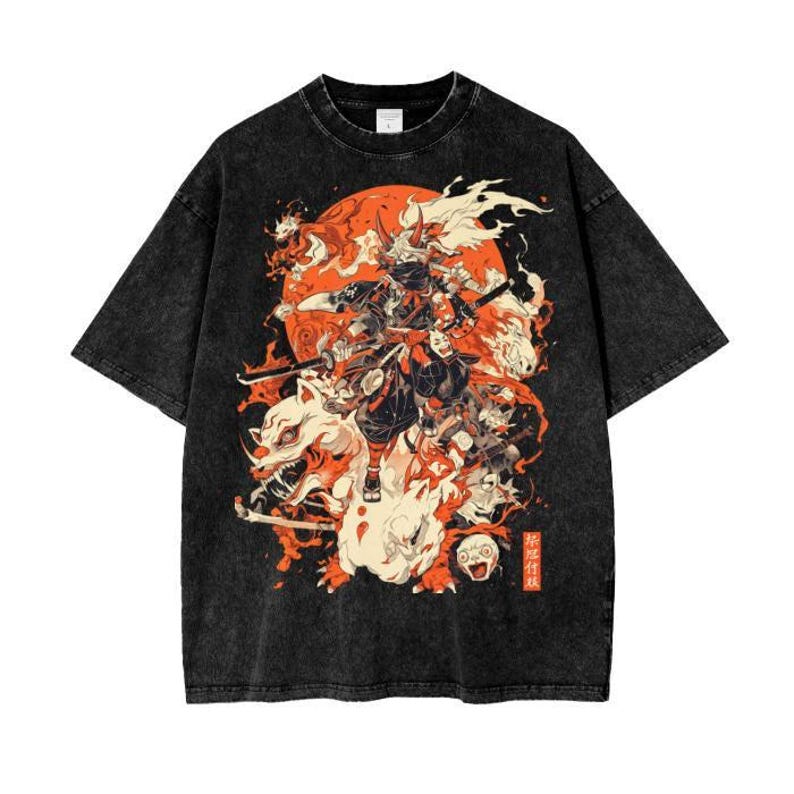 Fox Yokai Samurai Tee - Red Moon Ghost Oversized Unisex Shirt - Acid Wash Tee Shirt image 1