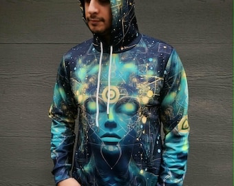 Atlantean Fractals Cosmic Geometry Teal Gold Psychedelic Festival PsyAll-Over Print Men's Zip Hoodie-