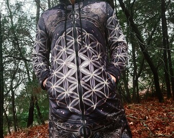 Rustic Earth Wizard Mabon Flower of Life Festival Fleece Long Cloak Jacket Coat