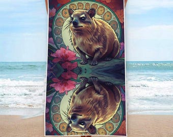 Hyrax Awawa Floral Art Nouveau Hibiscus Colorful Reflective Festival Rave Rectangular Beach Towel