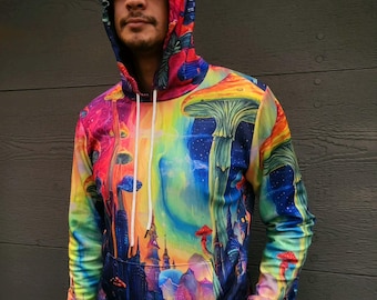 Mushroom Swirl Sunset Sky City Swirl Psychedelic Sky Line Festival Pullover Festival Hoodie