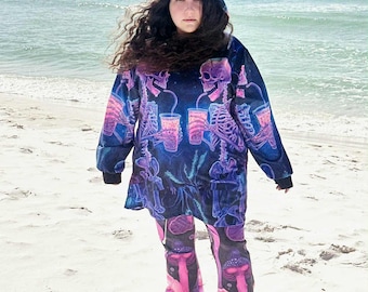 Pastel Skeleton/Boba Tea Night/ Hoodie Midi Dress: Psychedelic Festival Dress-