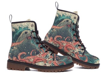 Seal Kraken Ocean Wave Yokai Edo Japan Anime Battle Festival Rave Grunge Men's Lace Up Martin Boots-