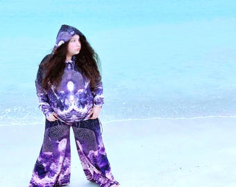 Purple White Fractal Clo Galactic Cloud Festival Vision Zip Thumbhole Hoodie