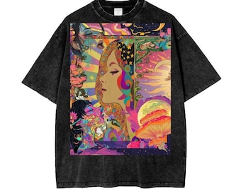 Art Nouveau Psychedelic Galactic Moon Burst Gaelic Summer Of Love Festival Rave Goddess Acid Wash Oversize -T-Shirt-