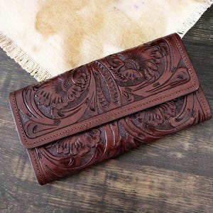 Cartera de cuero para mujer, cartera de cuero repujado, cartera de cuero repujado hecha a mano, cartera de dama