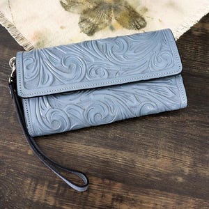 Cartera para mujer, Cartera de cuero para mujer, color smokey blue, Cartera de cuero repujado, Cartera de cuero repujado hecha a mano