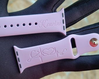 Personalized Nurse Apple Watch Band: Engraved Stethoscope Heartbeat Silicone iWatch Band