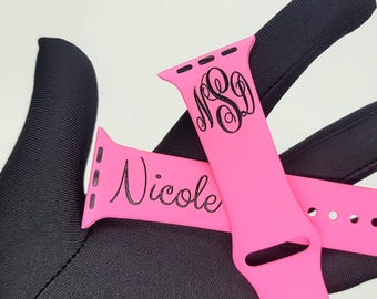 Personalized Apple Watch Band: Color Added Monogram Engraved Silicone Strap