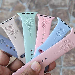 Fleur d&#39;anniversaire, bracelet en silicone floral fleurs sauvages du mois de naissance gravé au laser, bracelet pour Apple Watch, cadeau de Noël, cadeau d&#39;anniversaire, cadeau d&#39;anniversaire