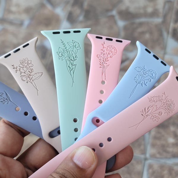 Floral Engraved Silicone Apple Watch Band: Birth Month Flower