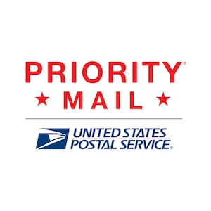 May include: Red and white logo for Priority Mail, a service of the United States Postal Service. The logo features the words "PRIORITY MAIL" with a star on either side. The United States Postal Service logo is below, featuring a blue eagle in a blue square with the words "UNITED STATES POSTAL SERVICE".
