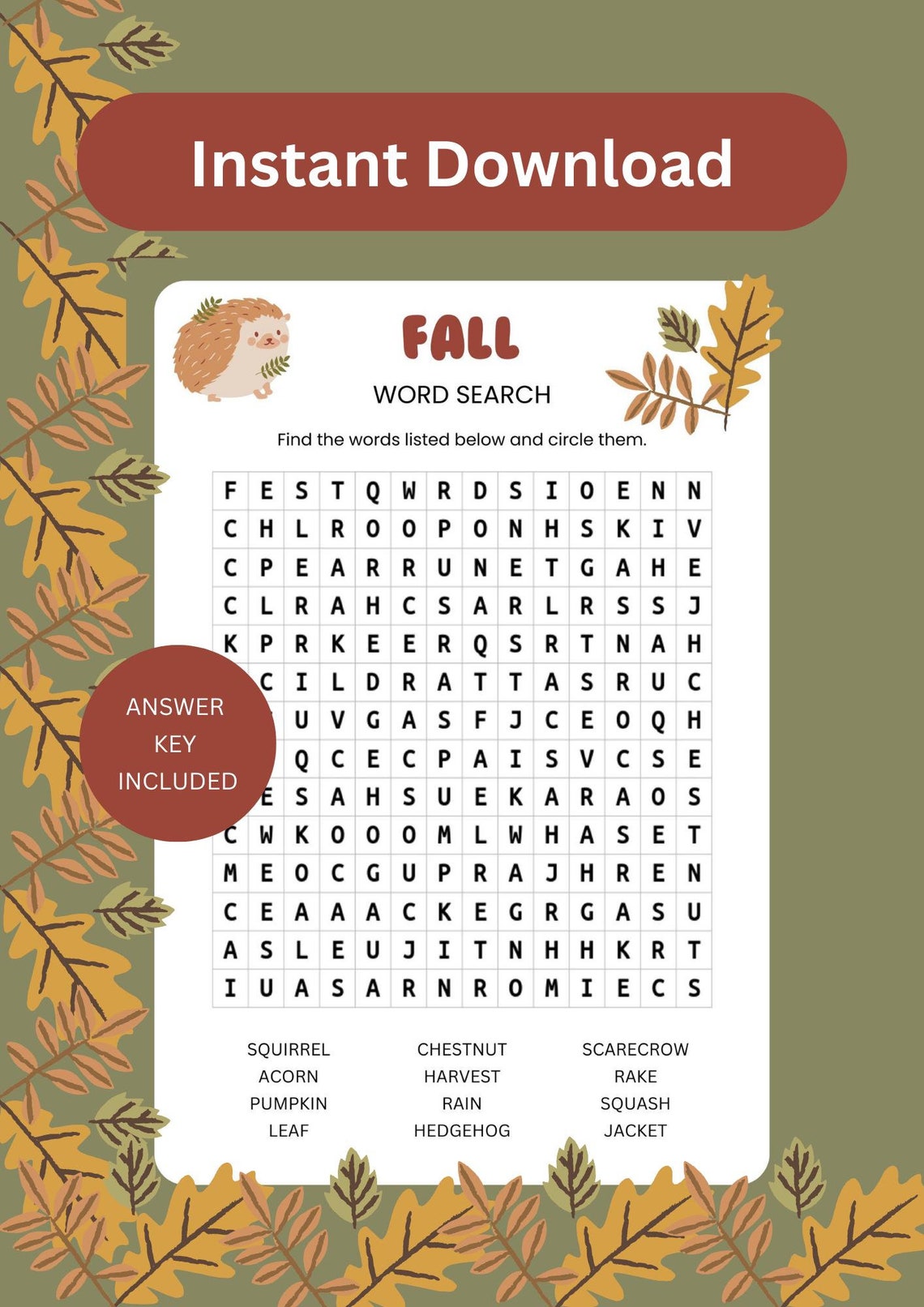 Fall Word Search, Autumn Word Search, Printable Fall Season Word
