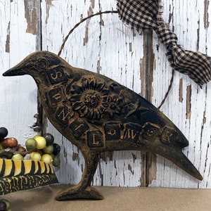 Sunflower Crow Primitive Blackened Beeswax Cinnamon Scented Ornament Folk Art Rustic Country Barn Halloween