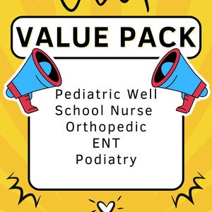 Pode incluir: Um gráfico amarelo e branco com dois megafones de cada lado de um retângulo branco. O retângulo contém o texto "VALUE PACK" no topo e uma lista de serviços: "Pediatric Well", "School Nurse", "Orthopedic", "ENT", "Podiatry". O gráfico também inclui um coração com brilho e o texto "FOLLOW US ON TIK TOK @THESPANISHLABINC".