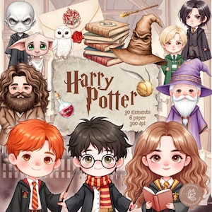 Peut inclure: Illustration numérique avec des personnages et des éléments de la série Harry Potter. L'image comprend des représentations de style chibi de Harry, Ron, Hermione, Dumbledore, et d'autres personnages, ainsi que le Choixpeau magique, des livres et un vif d'or.