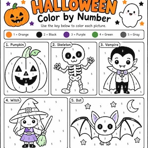 以下が含まれることがあります： ハロウィンの数字塗り絵アクティビティシート。カボチャ、骸骨、吸血鬼、魔女、コウモリの5つのイラストが描かれています。ページには1から5の数字に対応するオレンジ、黒、紫、緑、灰色のカラーキーが含まれています。