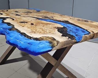 Custom Epoxy Resin Dining Table, Poplar Wood River Table