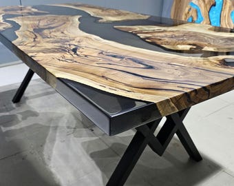 Mesa de comedor personalizada de nogal con revestimiento epoxi, mesa de cocina hecha a mano