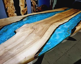 Custom Live Edge Walnut Epoxy Resin Table, Handmade