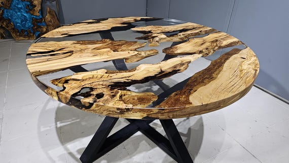 Olive Wood Epoxy Resin Dining Table, Round Kitchen Table