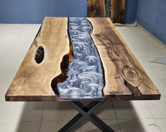 Custom Dark Walnut River Table, Metallic Gray Epoxy, Live Edge