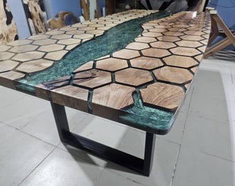 Hexagon Epoxy Dining and Office Table, Walnut Tree Resin Kitchen Tables