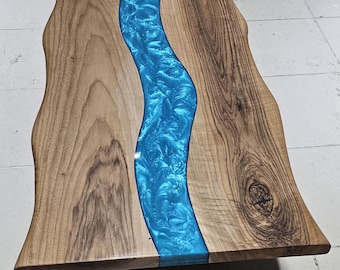 Custom Walnut Epoxy Dining Table, Handmade Resin River Table