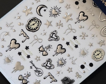 Silver Chrome Nail Stickers Metallic Heart Moon Cherry Clock Time Star