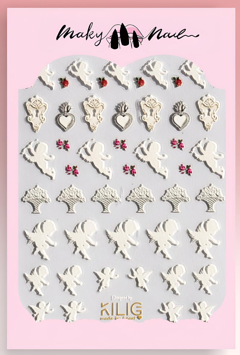 May include: A sheet of white nail stickers with a variety of designs, including cherubs, hearts, and flowers. The stickers are arranged in rows and are ready to be applied to nails. The sheet is labeled "Designed by KILIG made for lovers".