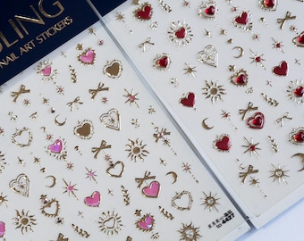 Gold 3D Heart Moon Nail Stickers: Embossed Spiritual Nail Art
