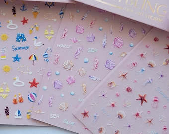 Summer Beach Nail Stickers, Ocean Sea Shell Starfish Nail Decals, Seahorse Marine Nail Art Stickers, Cute Vacation Nail Designs
