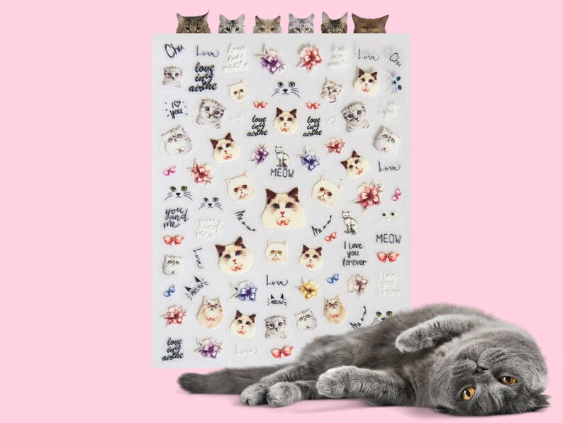 May include: A sheet of cat-themed stickers with various cat faces, flowers, and phrases like "Love" and "Meow." A gray cat is lying on a pink background. The stickers feature different cat breeds and styles.