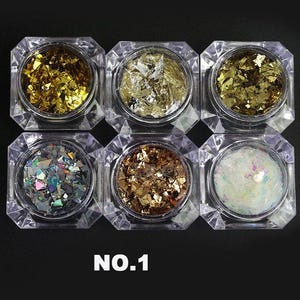 6 potes Irregular Flashy Laser Ouro e Prata Folha de Papel/Candy Laser Lantejoulas Nail Art glitter set/vidro papel DIY flocos para UV resina gell