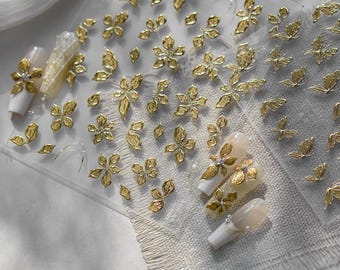 Adesivi per unghie in oro goffrato con motivo a giglio / Delicati adesivi per unghie metallizzati con motivo a fiori