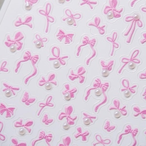 3D Bow Nail Art Stickers – Pink Ribbon & Pearl Nail Decals | Embossed Gradient Nail Stickers for DIY Sweet Manicure Decor Y2K Decals