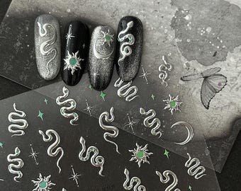 3D Snake Nail Stickers: Gold, Silver, Moon & Star Decals