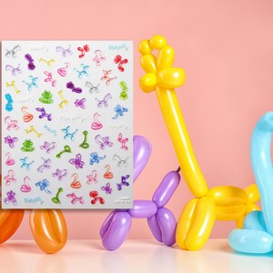 May include: A sheet of colorful balloon animal stickers with a variety of designs, including a giraffe, a dog, a swan, and a snake. The stickers are on a white background and are perfect for adding a touch of fun to any project.