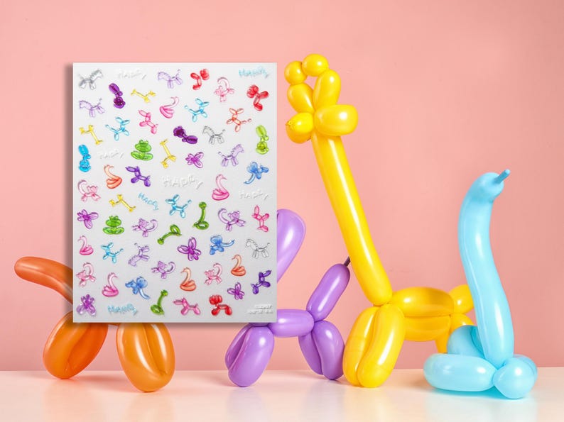 May include: A sheet of colorful balloon animal stickers with a variety of designs, including a giraffe, a dog, a swan, and a snake. The stickers are on a white background and are perfect for adding a touch of fun to any project.