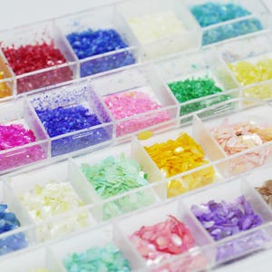 Könnte beinhalten: Eine transparente Plastikbox gefüllt mit 20 kleinen Fächern, die jeweils eine andere Farbe von Glitter oder irisierenden Flocken enthalten. Die Box ist ideal für Nail Art oder Basteln.