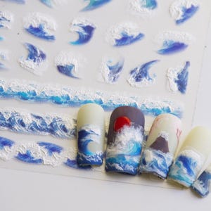 Blue Ocean Wave Nail Sticker/ Spirit of Ukiyo-e Stunning Japanese Famous Artwork The Great Wave off Kanagawa 3D Embossed Nails Supply