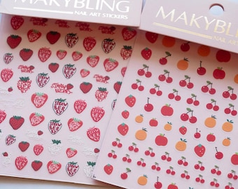 Strawberry Calligraphy Fruit Nail Stickers | Cherry Orange Apple Nail Art (Sheet)