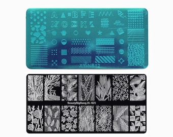 Placas para estampar diseños de uñas con motivos verdes, plantas y formas