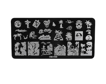 Placas de estampado para uñas con diseño de palmeras y playa tropical