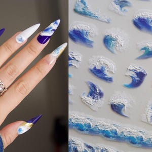 Blue Ocean Wave Nail Sticker/ Spirit of Ukiyo-e Stunning Japanese Famous Artwork The Great Wave off Kanagawa 3D Embossed Nails Supply