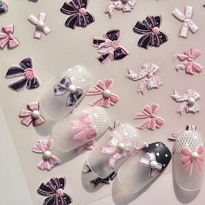 Black Pink Bow Tie & White Lace Nail Stickers