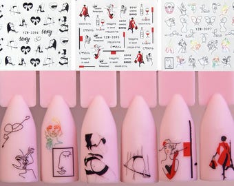 Sexy Girl Water Transfer Sticker/ Face Line Art Abstract pattern nail Tattoo