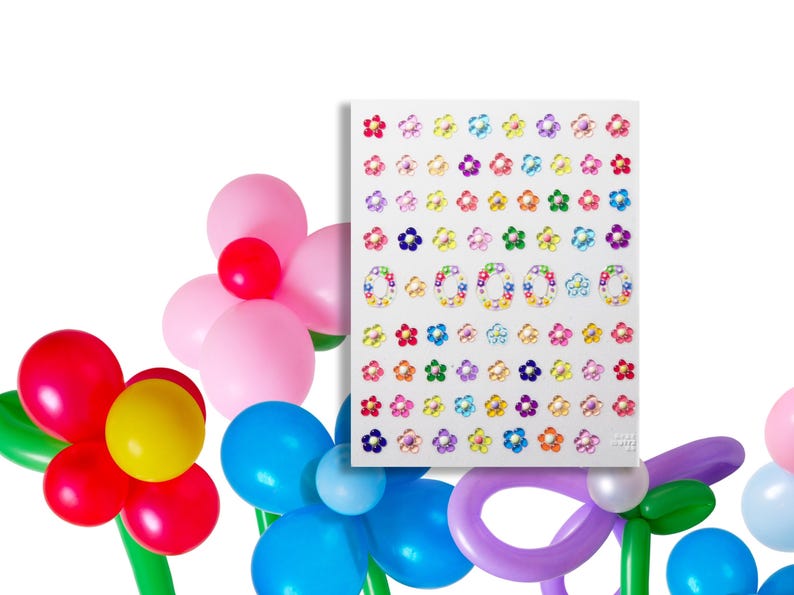 May include: A sheet of colorful flower stickers with a variety of designs, including solid flowers, flowers with glitter, and flowers with a pearl-like center. The stickers are perfect for adding a touch of whimsy to crafts, cards, and other projects.