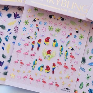 Nagelklistermärken med tropiska fåglar, dekaler med flamingo, papegoja, tukan, nagelkonst med sommardjungel (ark)